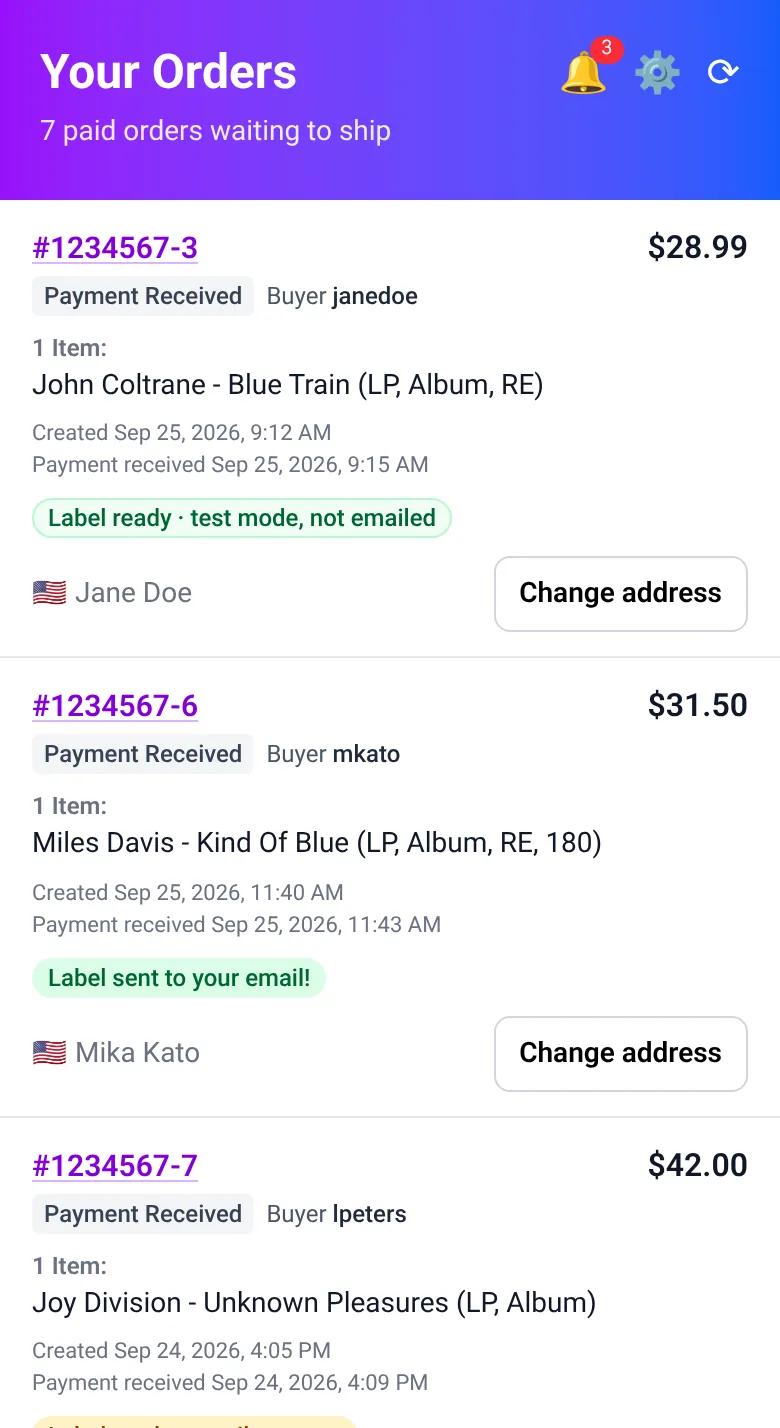 FastLabel order list showing paid orders with Label ready and Label sent to your email badges